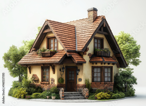 Obraz na płótnie Charming Cottage with Brick and Wooden Details Surrounded by Lush Greenery Isolated on White Background w salonie