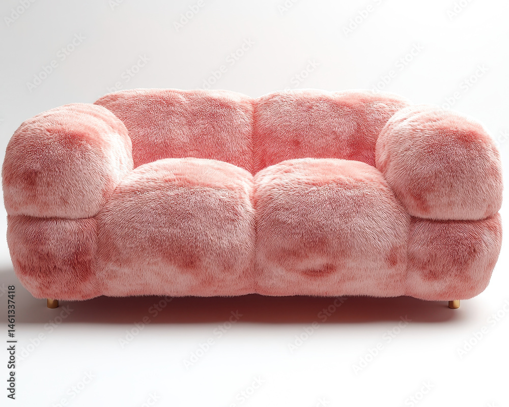 Luxurious Fluffy Pink Couch Isolated on White Background Showcasing Plush Texture and Modern Living Room Furniture Design