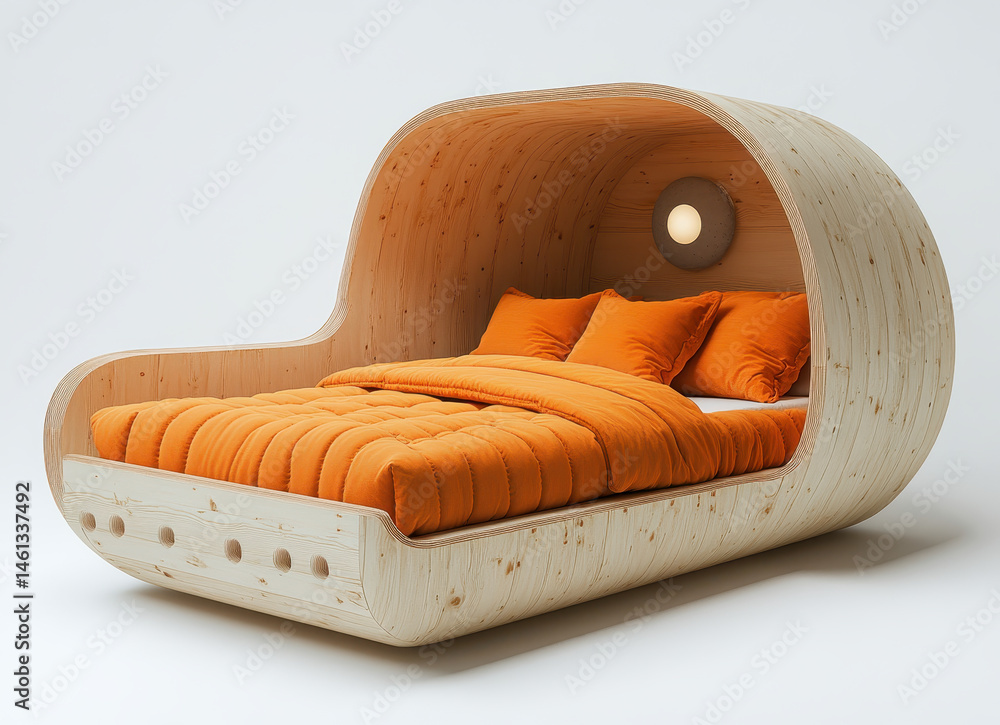Modern Kids Bed in Natural Wood Design Isolated on White Background with Cozy Orange Bedding and Innovative Form
