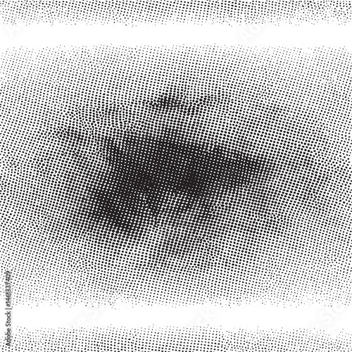 A halftone portrait reveals a partial human face with pronounced lips.