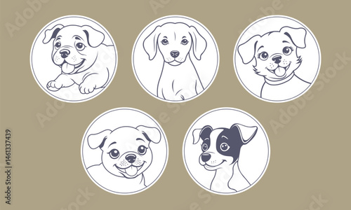 Vector set of cute funny cheerful friendly graphic cartoon puppies. Pedigree dogs. Domestic toon pets. Collection of round stickers or icons.