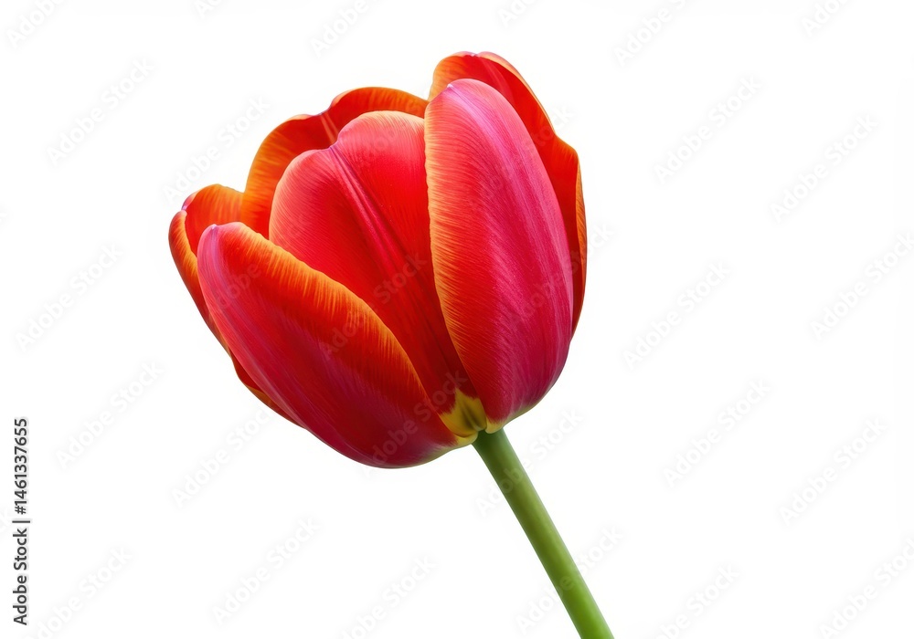 Fototapeta premium Close-up of a vibrant red tulip with orange edges on a white background, showcasing its delicate petals