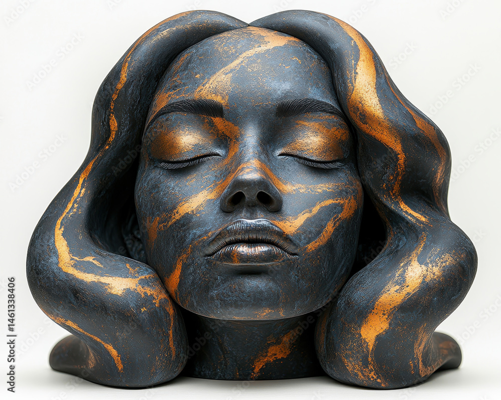 Sculpture of a Woman's Head with Metallic Accents on Flowing Hair Isolated on White Background