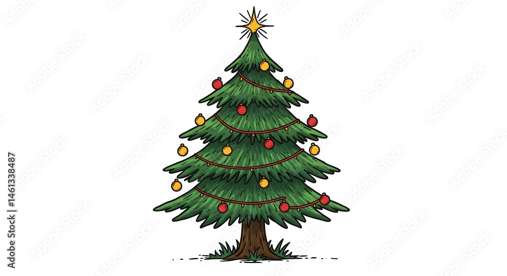Fototapeta premium Cartoon Christmas Tree with Ornaments and Star