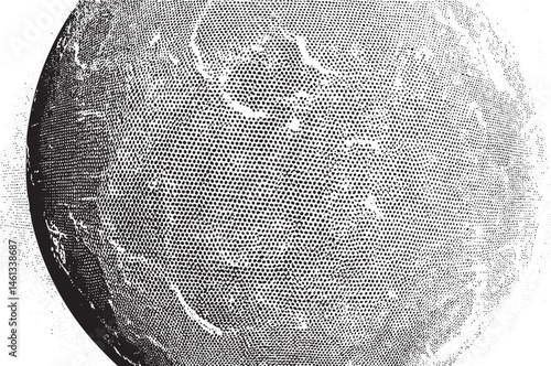 A monochrome globe reveals intricate continental outlines.
