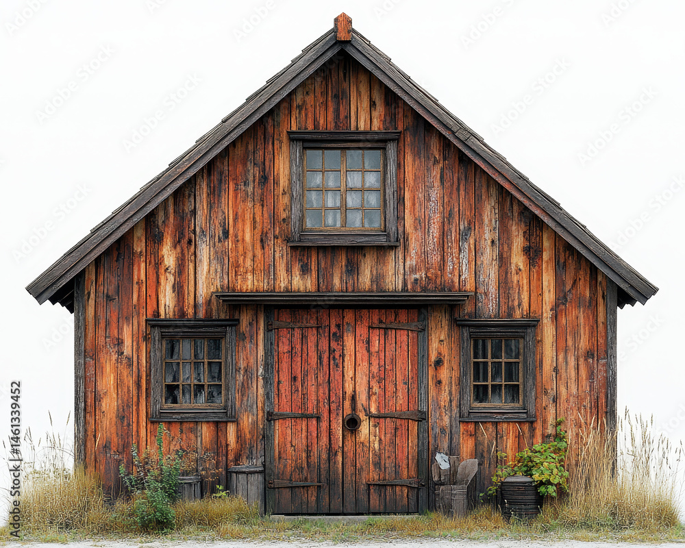 Rustic Wooden Farmhouse on White Background with Weathered Texture and Detailed Architecture
