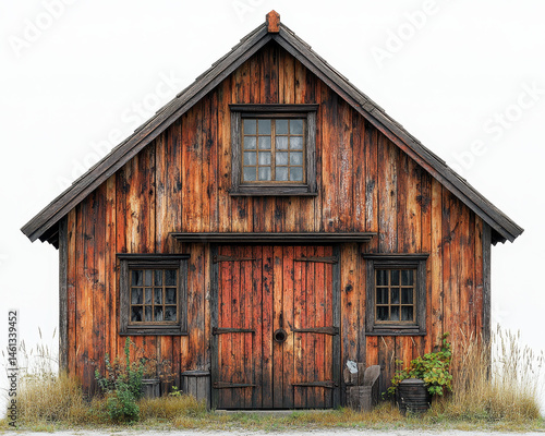Obraz na płótnie Rustic Wooden Farmhouse on White Background with Weathered Texture and Detailed Architecture w salonie