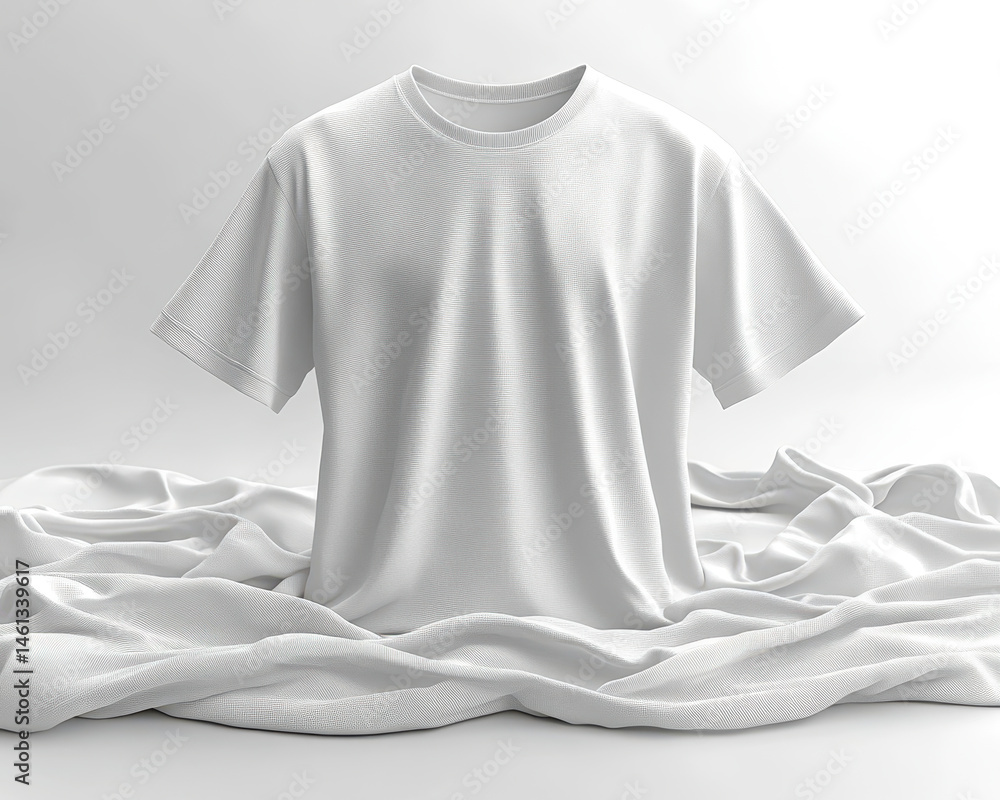 Front View of White T-Shirt with Draped Fabric on Isolated Pure White Background