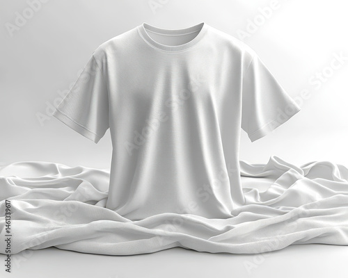 Front View of White T-Shirt with Draped Fabric on Isolated Pure White Background