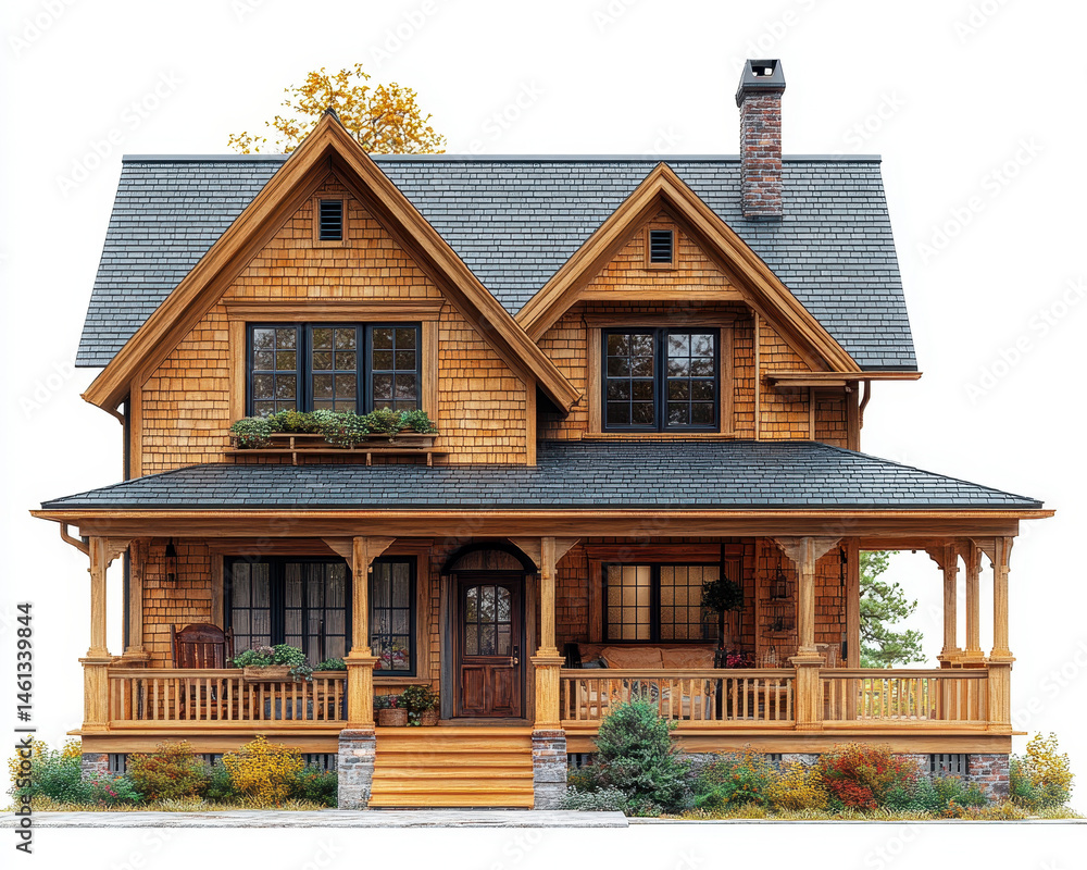 Charming Dollhouse with Rustic Wooden Architecture and Detailed Features Isolated on White Background