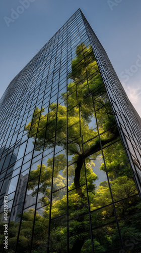 Corporate building facade reflects greenery, showcasing ESG principles and sustainability in urban environments