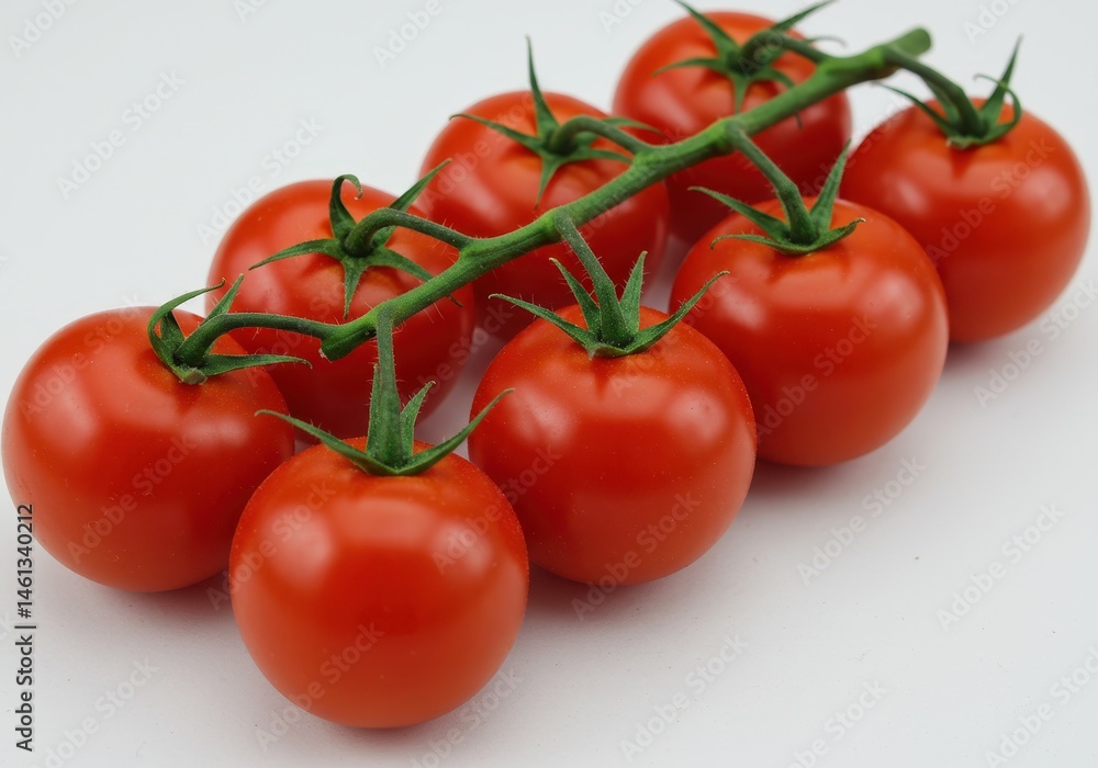 Cluster of fresh, ripe red cherry tomatoes still attached to the green vine, displayed on a white surface Cluster of fresh, ripe red cherry tomatoes still attached to the green vine, displayed on a white surface