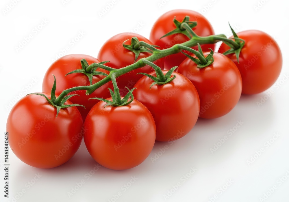Vine of fresh, ripe red tomatoes with green stems arranged on a white surface in a studio setting Vine of fresh, ripe red tomatoes with green stems arranged on a white surface in a studio setting