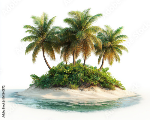 Obraz na płótnie Idyllic Tropical Island with Lush Palm Trees and Pristine Sandy Beach Surrounded by Crystal Clear Water on White Background w salonie