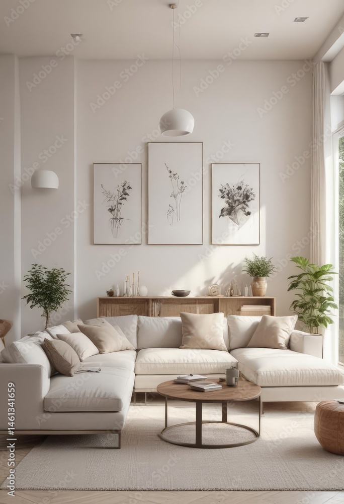 Fototapeta premium Bright, airy living room with minimalist furniture and decor , comfort, sophisticated, white walls
