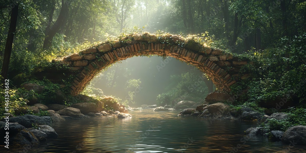 Fototapeta premium Stone arch bridge over stream in forest