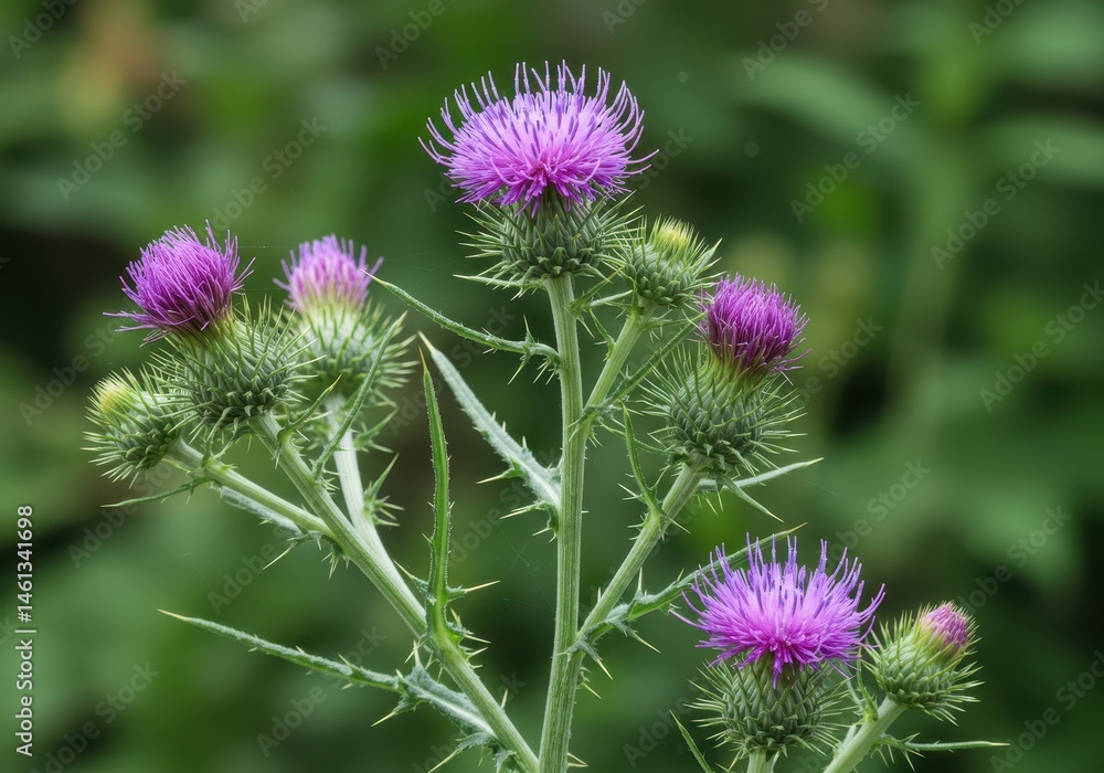 Close-up of a thistle plant with purple flowers and spiky leaves against a blurred green background Close-up of a thistle plant with purple flowers and spiky leaves against a blurred green background