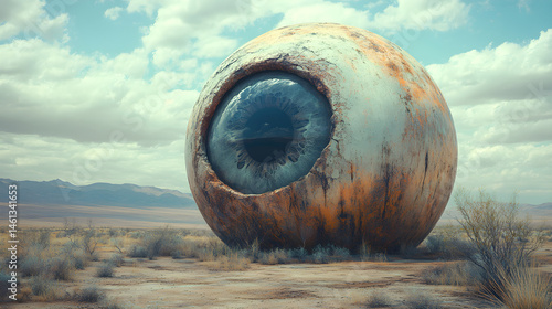 Dry desert with giant orb-shaped eye gazing into the horizon, minimal vegetation