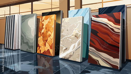 Polished slabs of granite and marble stone on display, countertops, flooring, contruction material