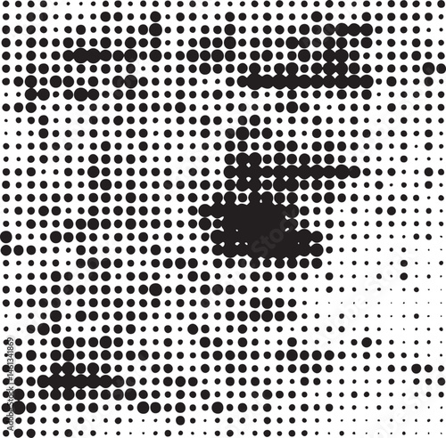 A densely patterned reveals a partial human face composed of numerous black and white dots.