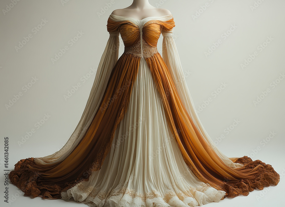 Elegant Nightgown with Ombre Design on White Background Featuring Pleated Fabrics and Lace Details