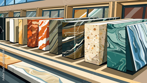 Polished slabs of granite and marble stone on display, countertops, flooring, contruction material