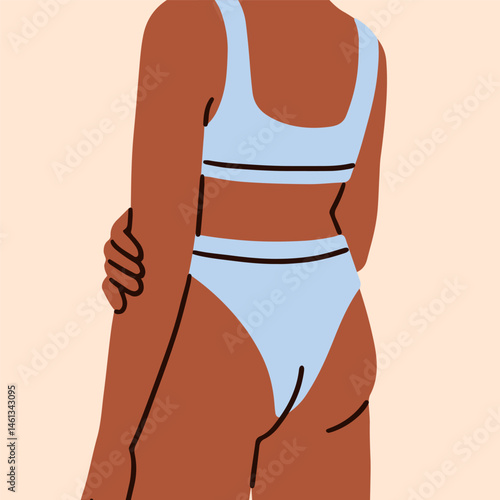 Black woman in bikini from behind. Female figure standing in swimwear, bathin...