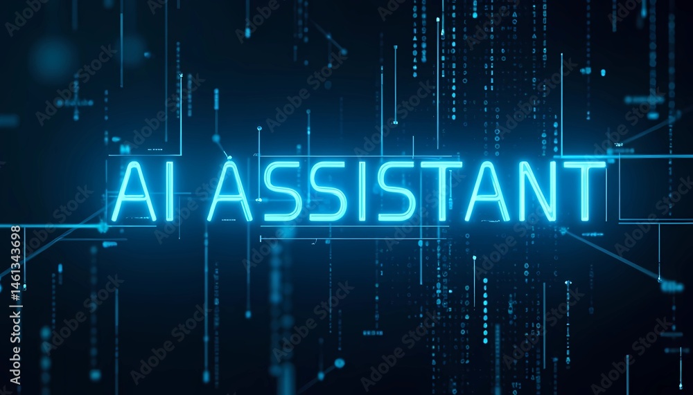 Fototapeta premium The text AI Assistant glowing on a neon digital data background with flowing binary streams, symbolizing a virtual AI co-pilot and intelligent automation enhancing productivity and collaboration in mo