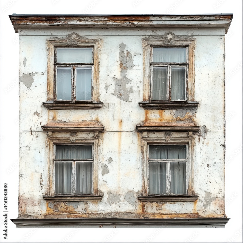 Fototapeta premium Weathered White Building Facade with Ornate Windows