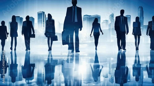 A group of silhouettes of business people dressed in suits and ties walks proudly after leaving the offices. Concept of: team, success, connection and internationality.