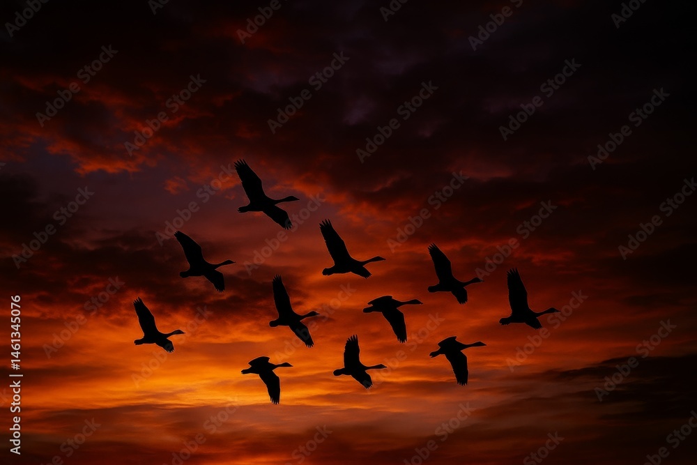 Fototapeta premium Flock of wild birds flying in sky at sunset with dramatic dark red clouds and glowing horizon in background