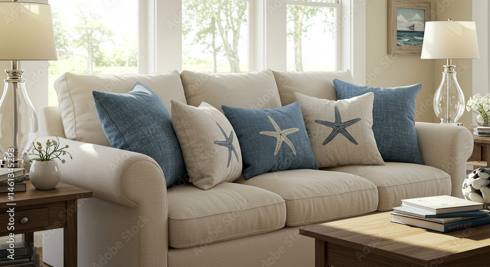Fototapeta premium Coastal Living Room Decor Beige Sofa with Starfish Pillows Blue Accents