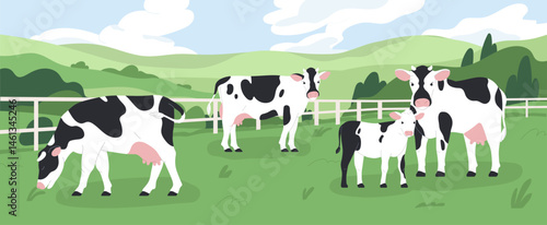 Milk cows grazing on pasture, green farm field, grass. Dairy animal, domestic cattle, livestock eating, walking in countryside, rural country landscape, farmland nature. Flat vector illustration