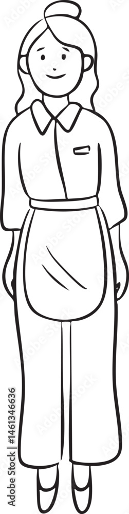 Fototapeta premium A smiling young woman stands confidently in a grey uniform with an apron.