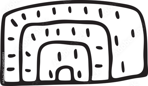 A stylized layered structure with a central opening.