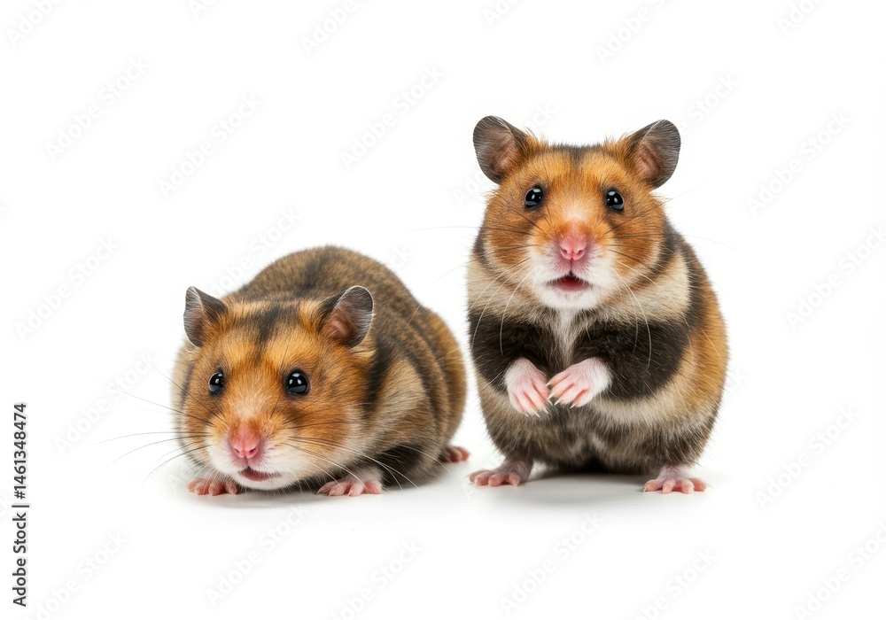 Obraz premium Two golden hamsters standing on a white background looking at the camera
