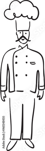 A lone chef stands thoughtfully wearing a traditional white uniform and holding a toque.
