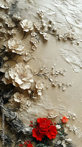 Fototapeta Naklejka Na Ścianę i Meble -  Textured wall art depicting cream-colored floral blossoms and branches, contrasted with vibrant red roses at the base.  The artwork uses a raised, three-dimensional technique
