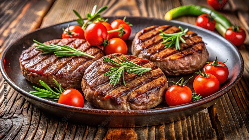 Juicy grilled beef patties sizzling on a plate garnished with fresh rosemary sprigs and sliced tomatoes, gourmet, patties, gourmet Juicy grilled beef patties sizzling on a plate garnished with fresh rosemary sprigs and sliced tomatoes, gourmet, patties, gourmet