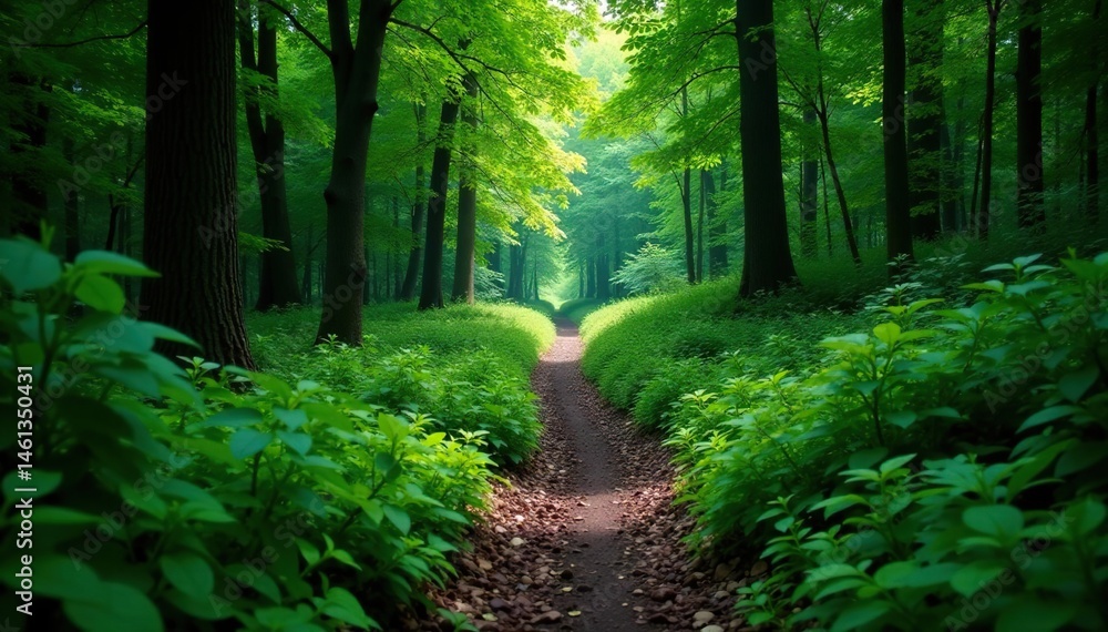 Obraz premium Narrow, overgrown forest trail, leading into deep woods, green, wilderness