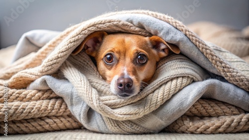 A small anxious dog cowers under a pile of soft blankets for comfort and safety in an unfamiliar environment , pets seeking comfort, fearful canines