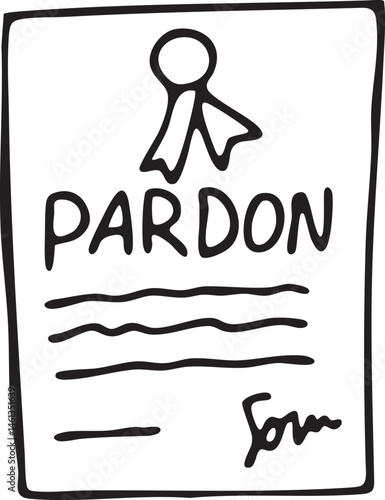 A simple white document displays the word "PARDON" with a stylized figure above it.