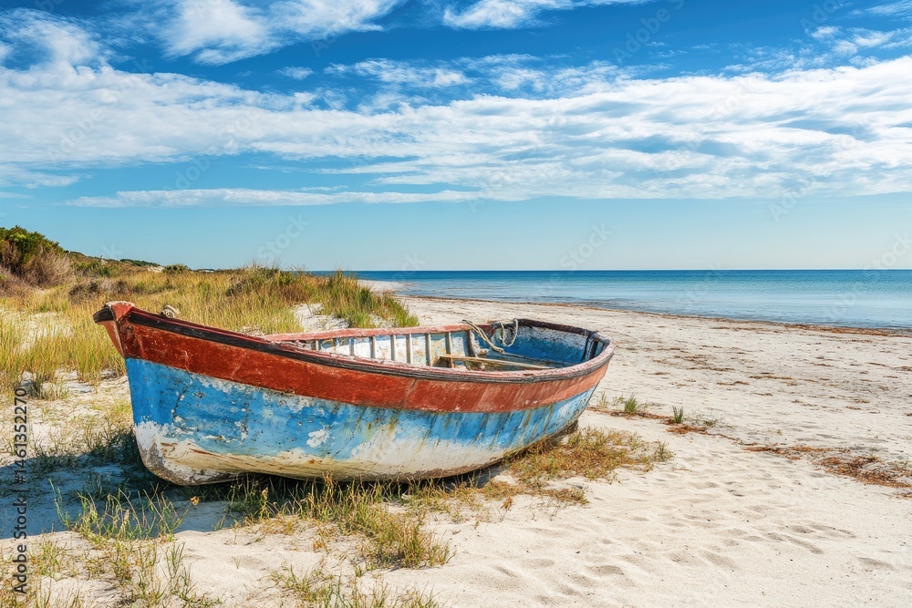 Naklejka premium Old fishing boat on a sandy beach under a partly cloudy sky