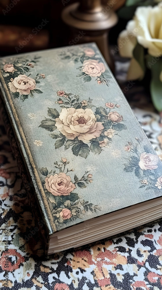 Fototapeta premium A vintage-style journal with a soft, muted teal cover adorned with a delicate floral pattern of blush and cream roses and lush green leaves