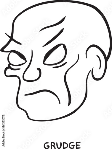 A monochrome portrait depicts a face expressing deep resentment.