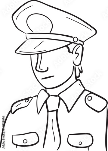 A uniformed individual wears a peaked cap and stands with a serious expression.