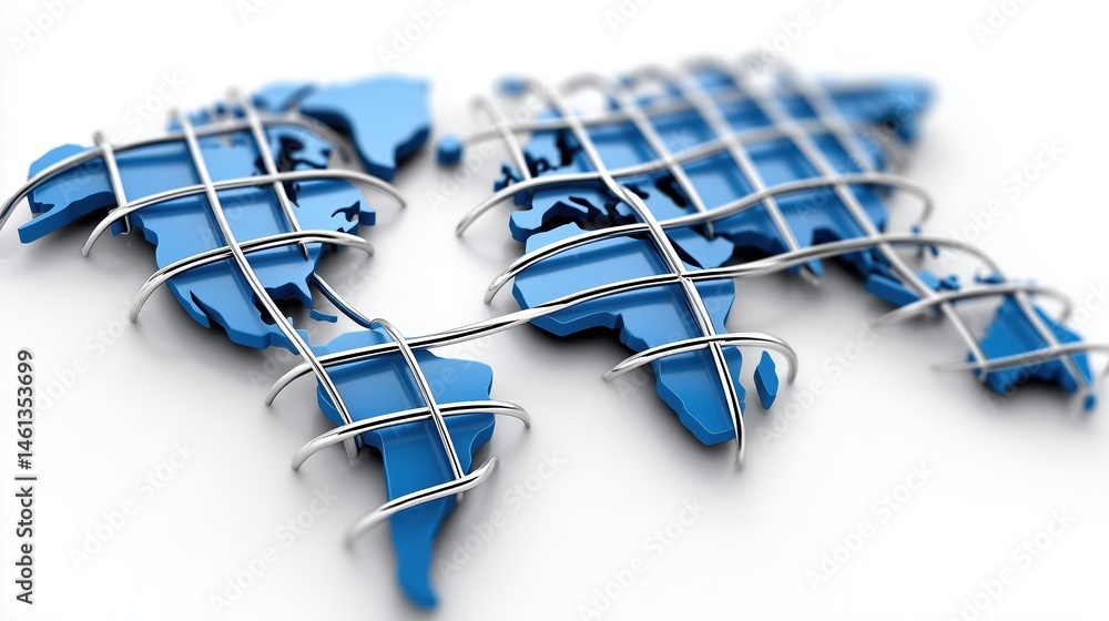 Fototapeta premium 3D map of continents overlaid with steel cables, illustrating global constraints, infrastructure and communication networks