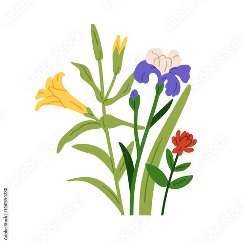 Flower mix, floral branches. Blooming plants, summer garden blossoms with leaves, stem, lily and iris buds. Beautiful botanical composition. Flat vector illustration isolated on white background