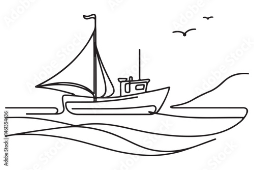 Fishing Boat on Sea Illustration Vector Graphic Drawing Design