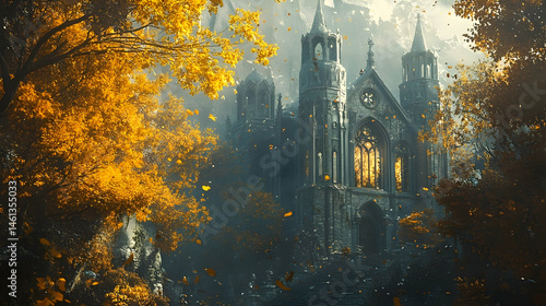 Autumnal stone church shrouded in falling leaves.